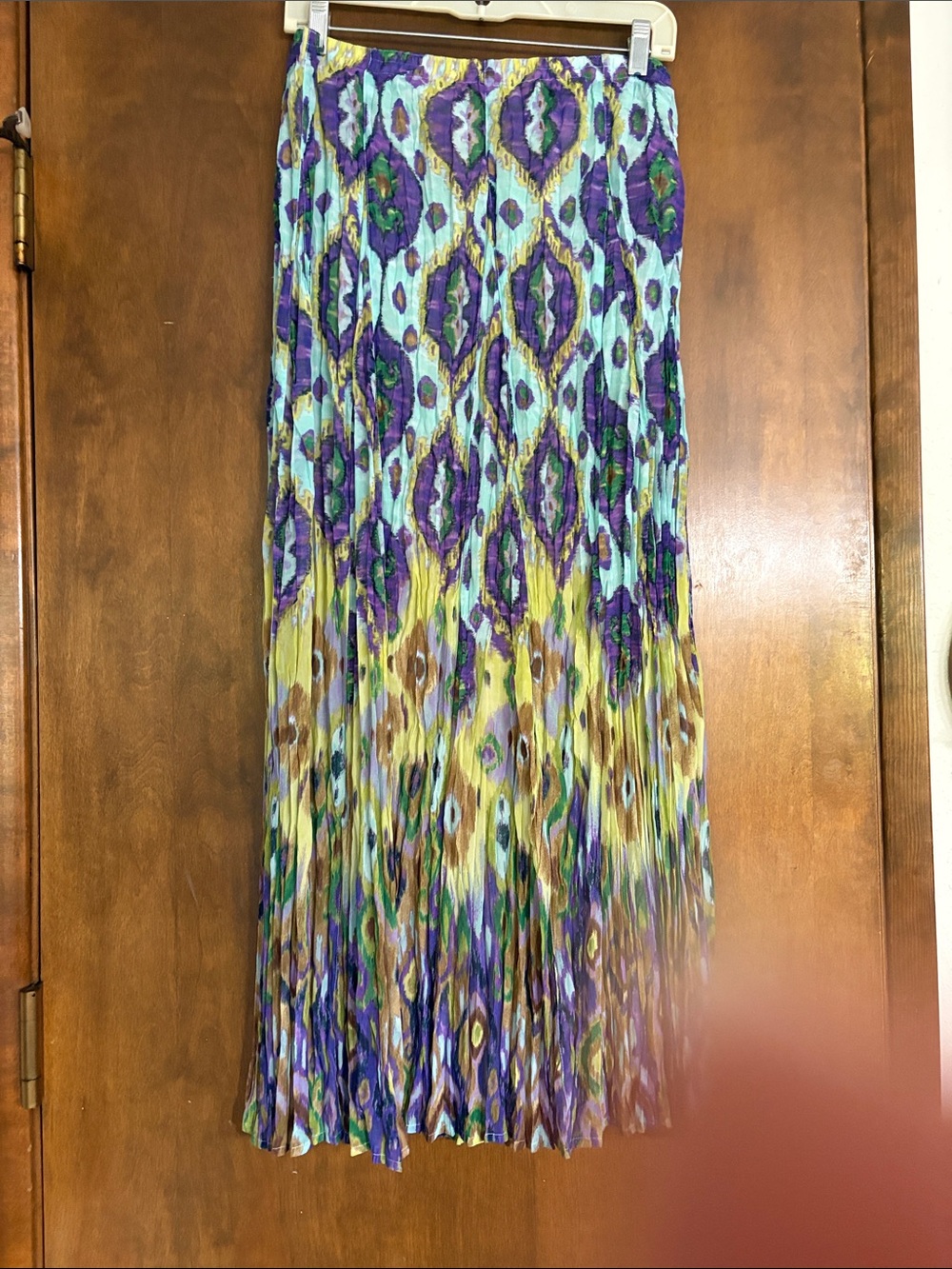 Chico's Pleated Maxi Skirt in Teal, Purple & Brown Ikat Print 2
